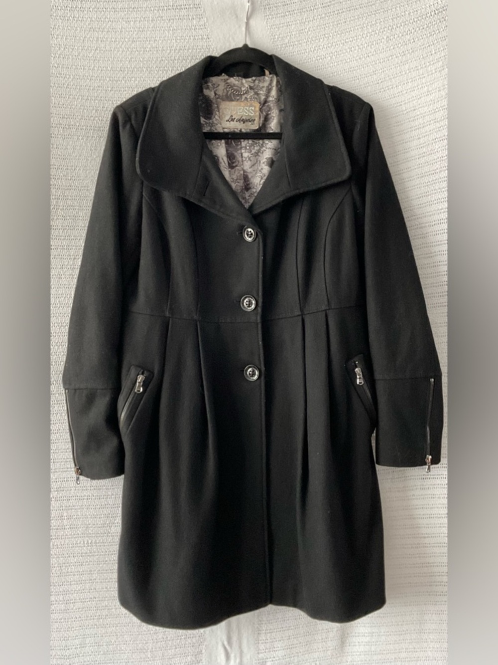 Guess Black Single-Breasted Wool Trench Coat with Zip Pockets